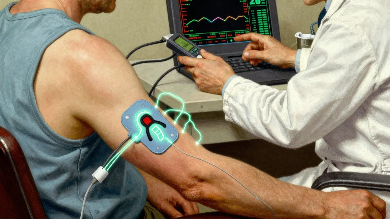 Patient wearing bioimpedance patch with electrical signals, scientist analyzing data