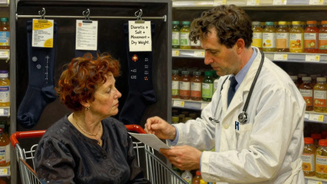 Renal dietitian helping patient read nutrition labels in grocery store, compression stockings visible.