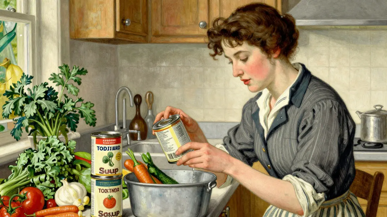 Woman discarding canned soup while preparing fresh vegetables in kitchen