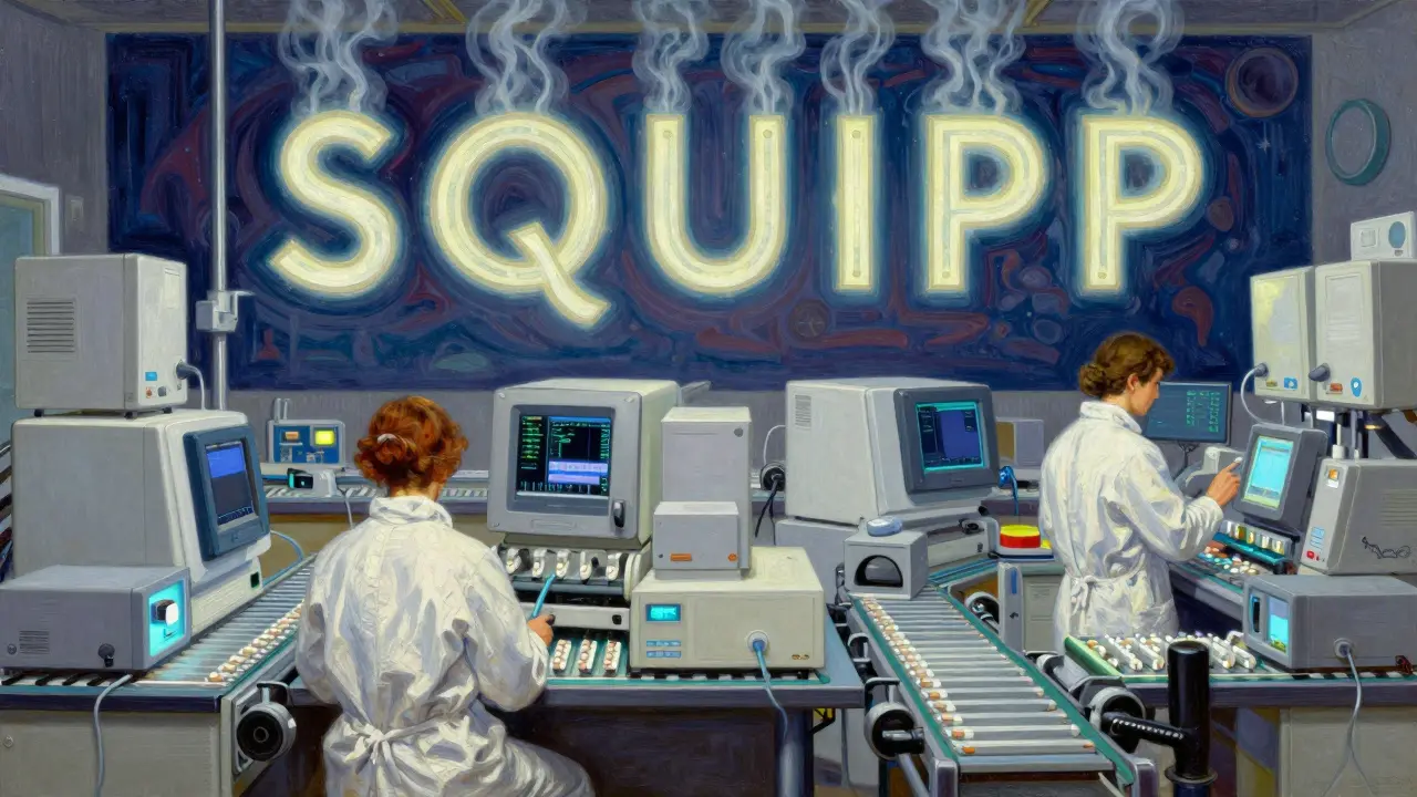 Workers in a clean lab monitor scientific instruments as the SQUIPP framework glows like a sacred emblem above them.