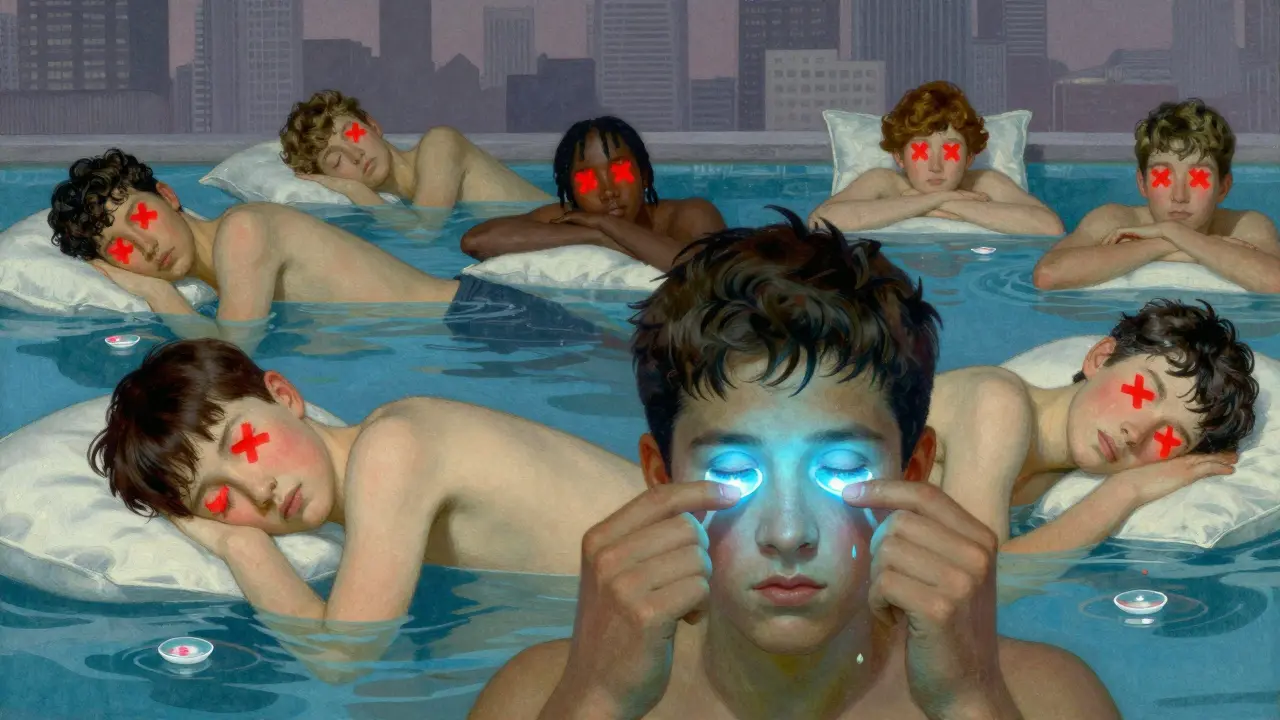 Young people at risk from water exposure and sleep wear, contrasted with one safely using daily disposable lenses under calm light.