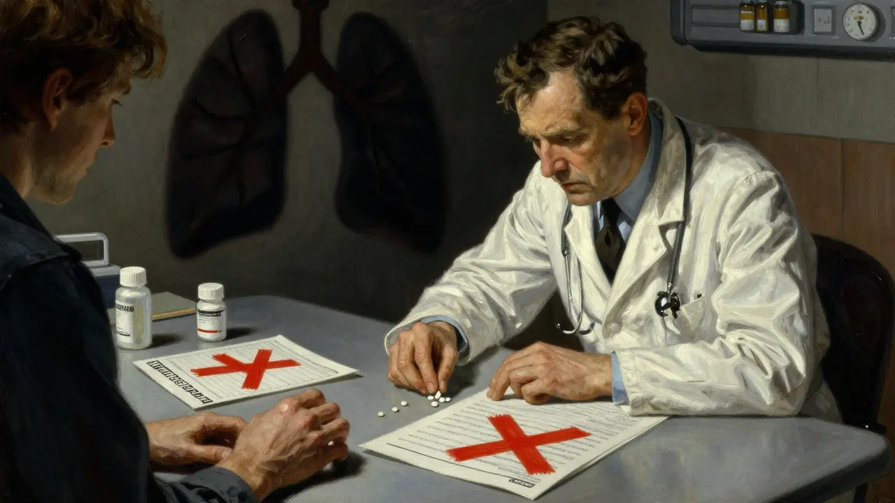 A doctor staring at two prescriptions marked with a red X, a shadow of collapsing lungs in the background.