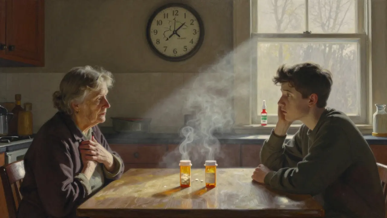 A family at a kitchen table as a dark mist rises from pill bottles, with naloxone visible on the windowsill.