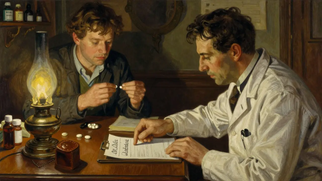 A neurologist points to a 'Do Not Substitute' prescription as a patient compares two different pills.