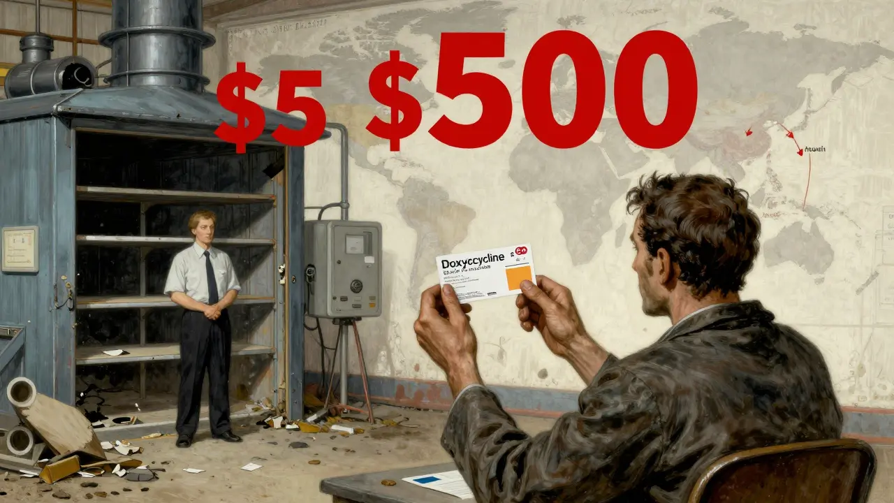 A patient facing a sudden price spike on a generic drug, with a crumbling factory and international price comparisons in the background.