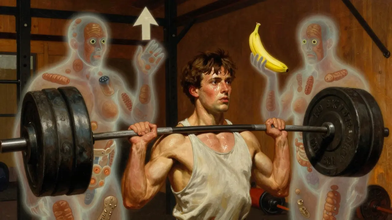 A person lifting weights surrounded by glowing representations of brown fat and gut bacteria, symbolizing metabolic recovery.