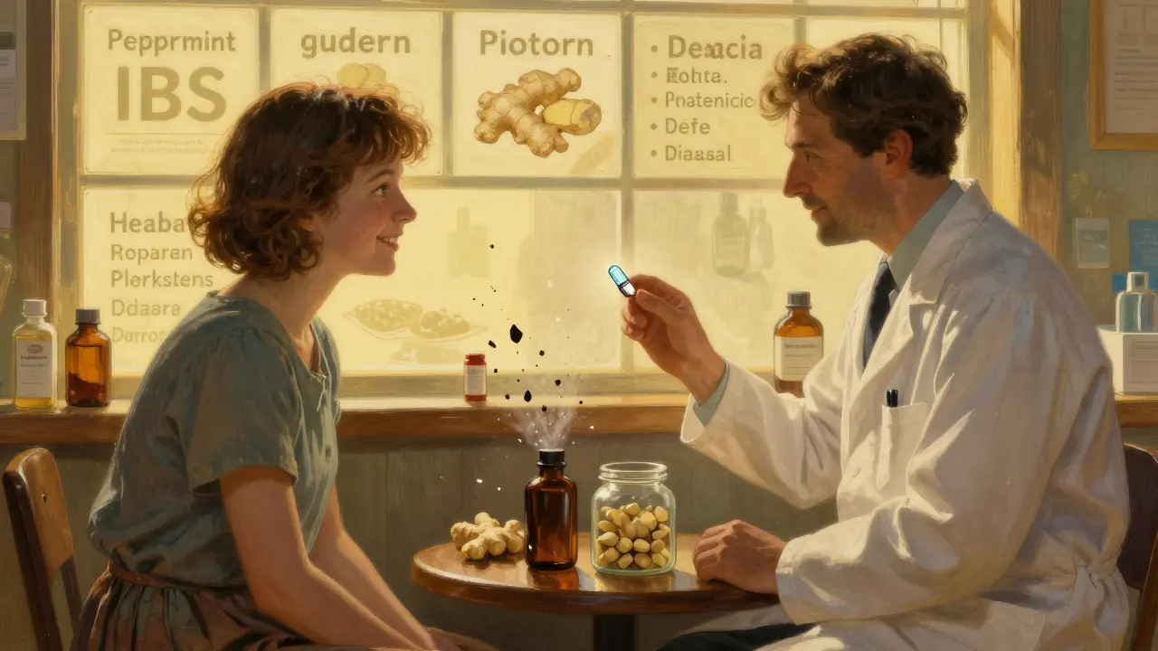 A pharmacist and patient beside safe, evidence-based remedies amid shattered unsafe supplements.