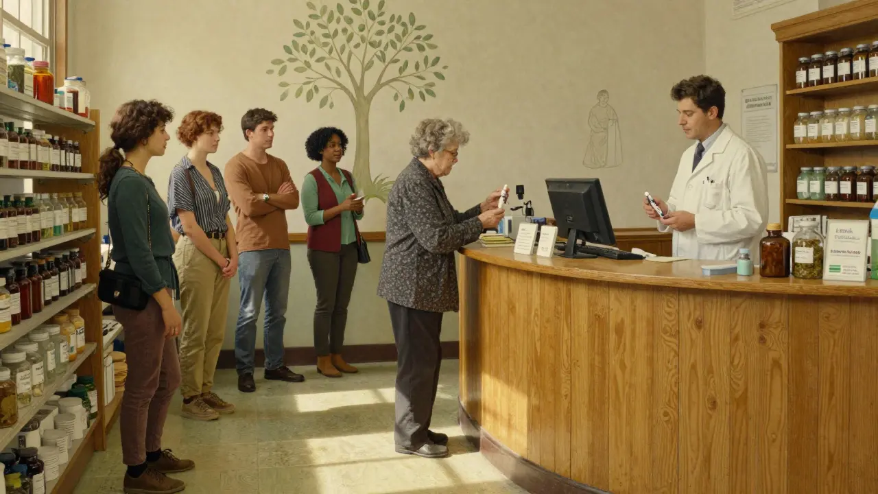 A pharmacist assists a diverse group of patients with behind-the-counter medications like insulin and Plan B in a modest pharmacy.