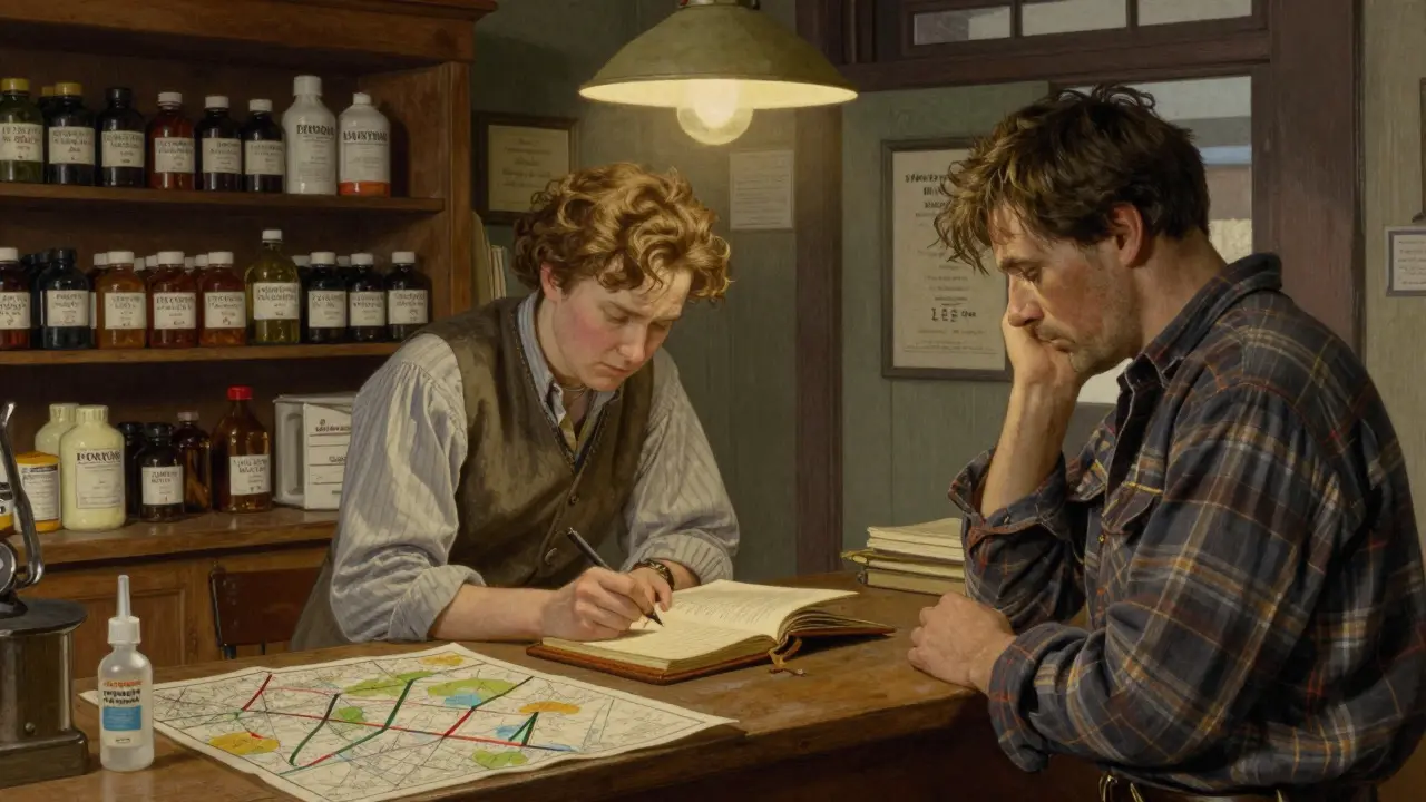 A pharmacist logs a pseudoephedrine purchase in a ledger while a customer waits, with an empty insulin vial on the counter.