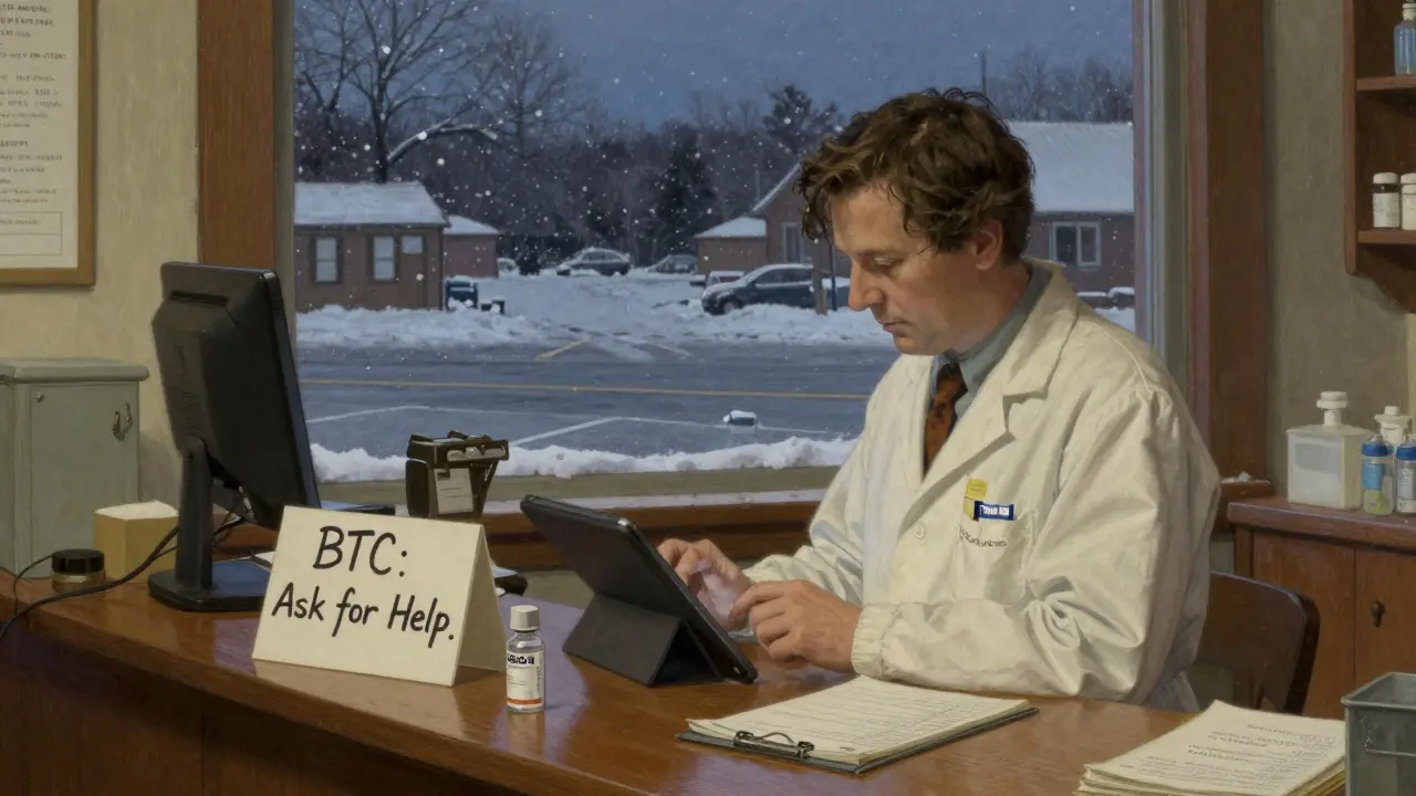 A pharmacist reviews a purchase log at dusk in a rural pharmacy, with snow falling outside and an insulin vial on the counter.