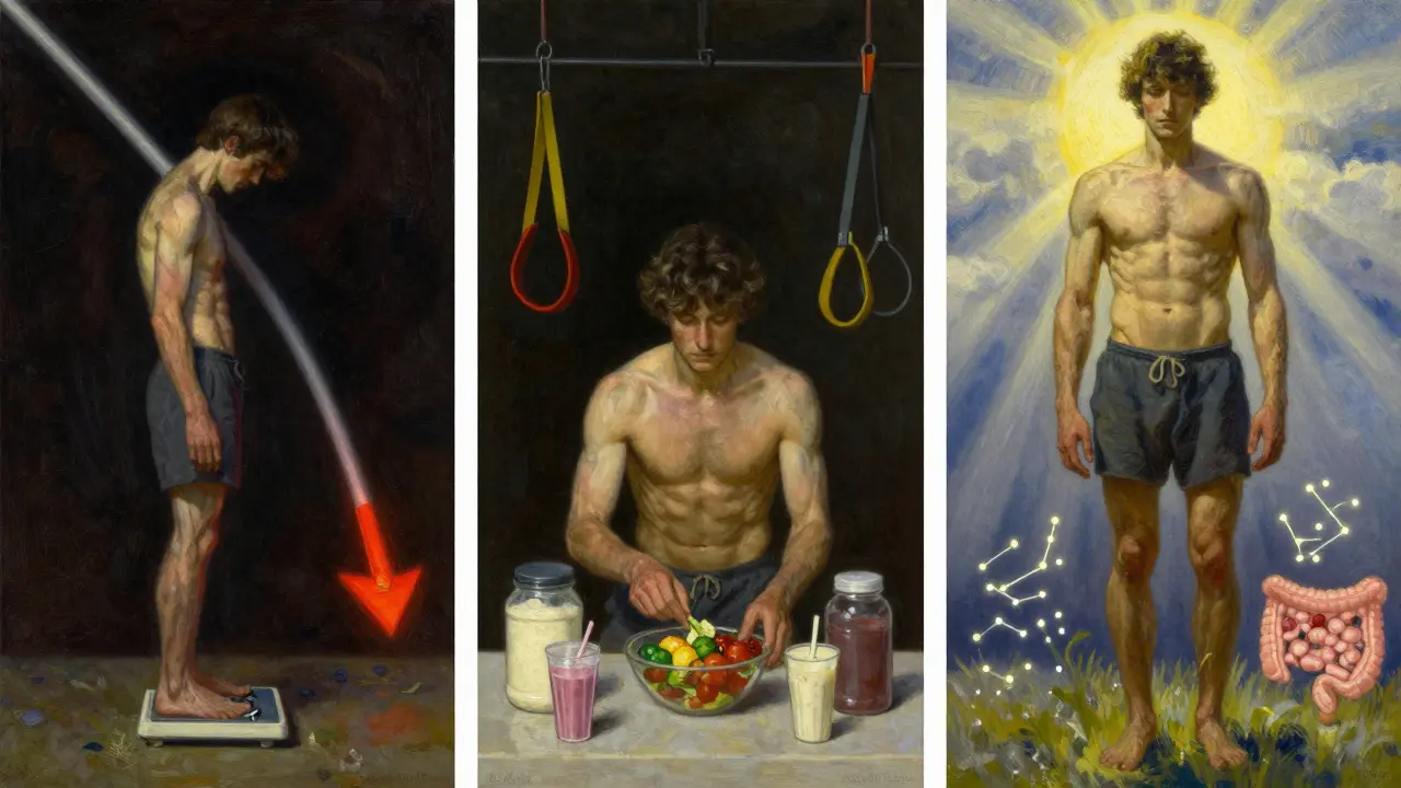 A three-panel narrative showing weight loss, reverse dieting, and metabolic recovery with symbolic elements in warm, textured illustration.