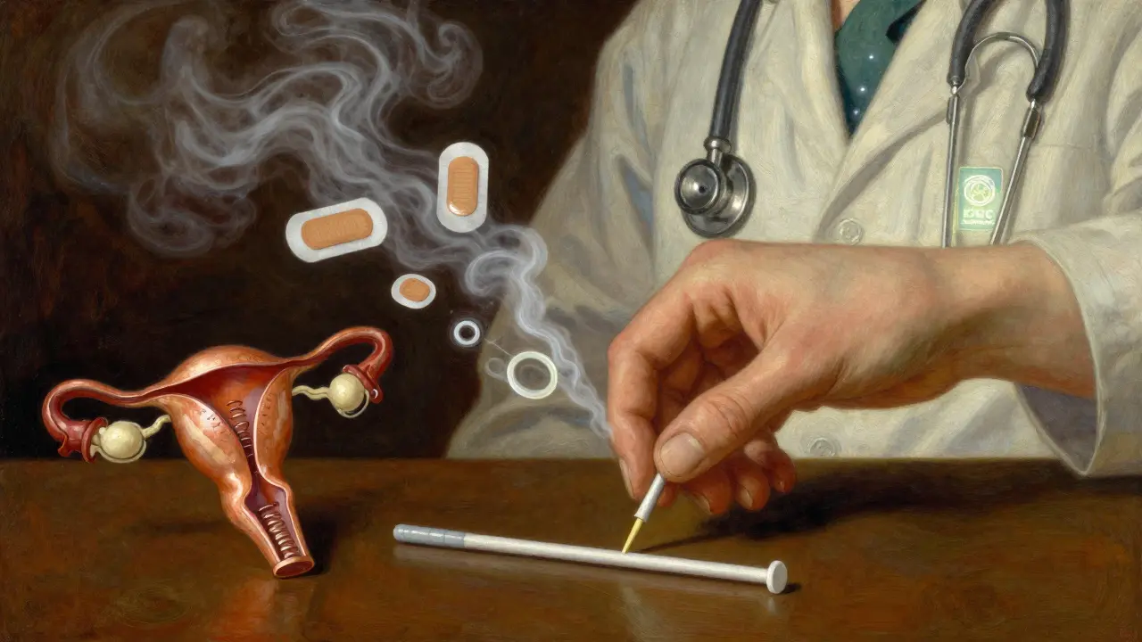 A woman places an IUD in her uterus while other contraceptives dissolve into smoke, symbolizing safer alternatives.