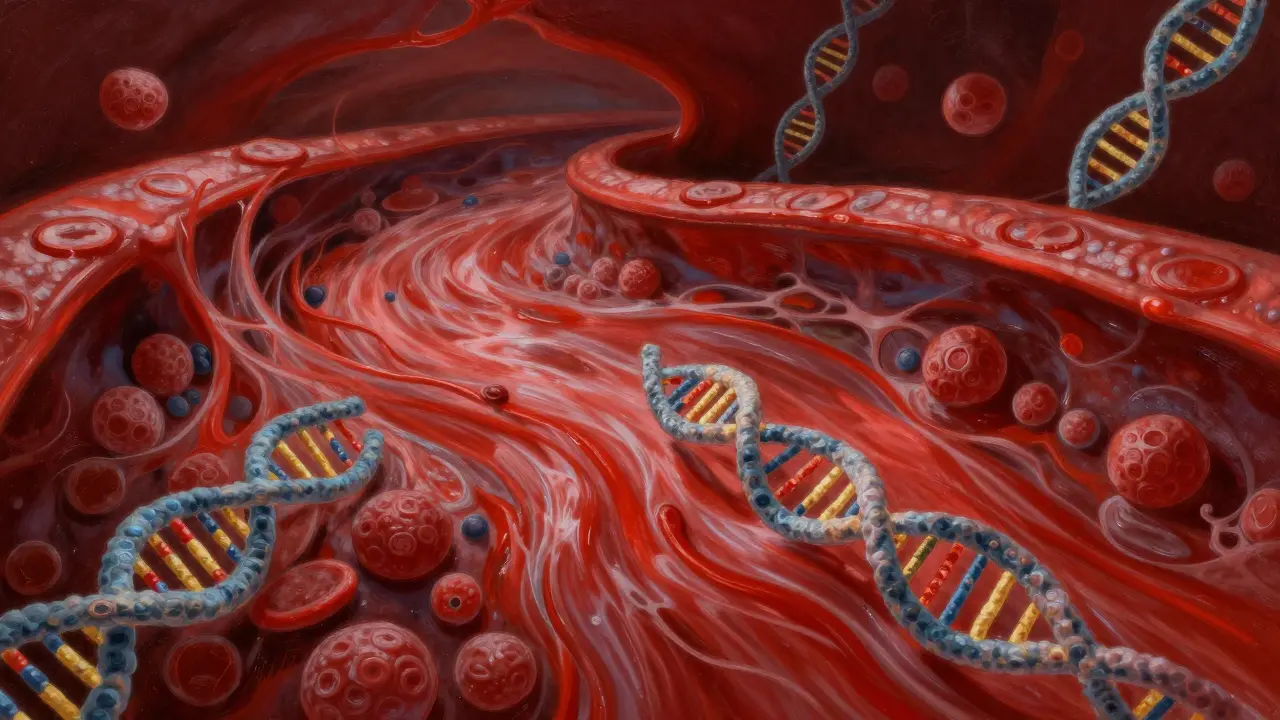 Artistic view of DNA strands floating in blood flow inside vein.