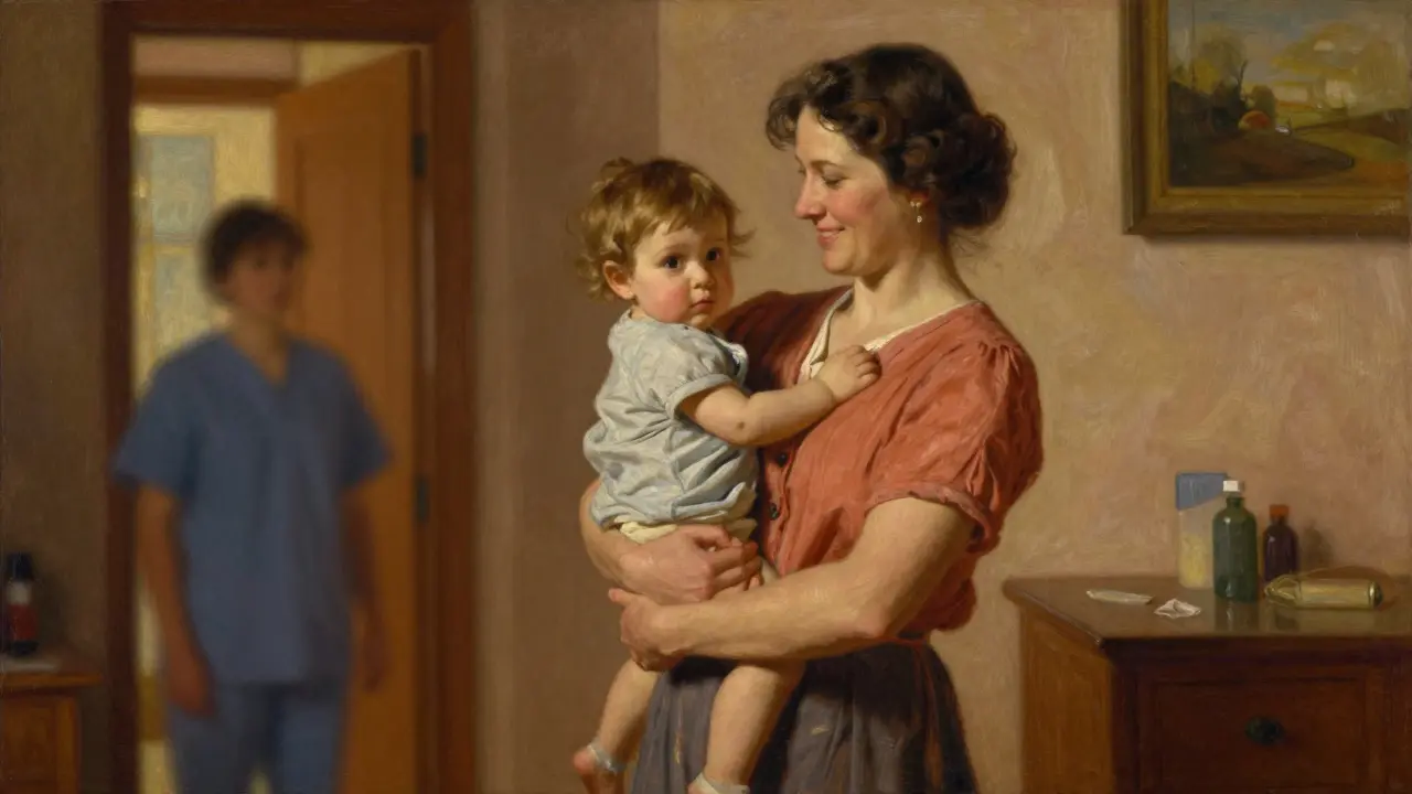 Confident mother holding child warmly lit in cozy home interior.