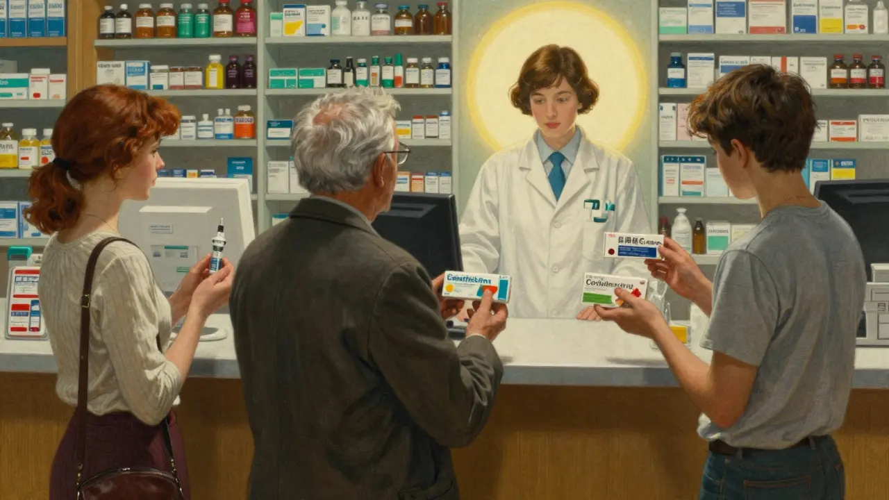 Diverse customers approach a pharmacy counter with different medications, while a pharmacist stands behind the counter, illuminated by warm light.