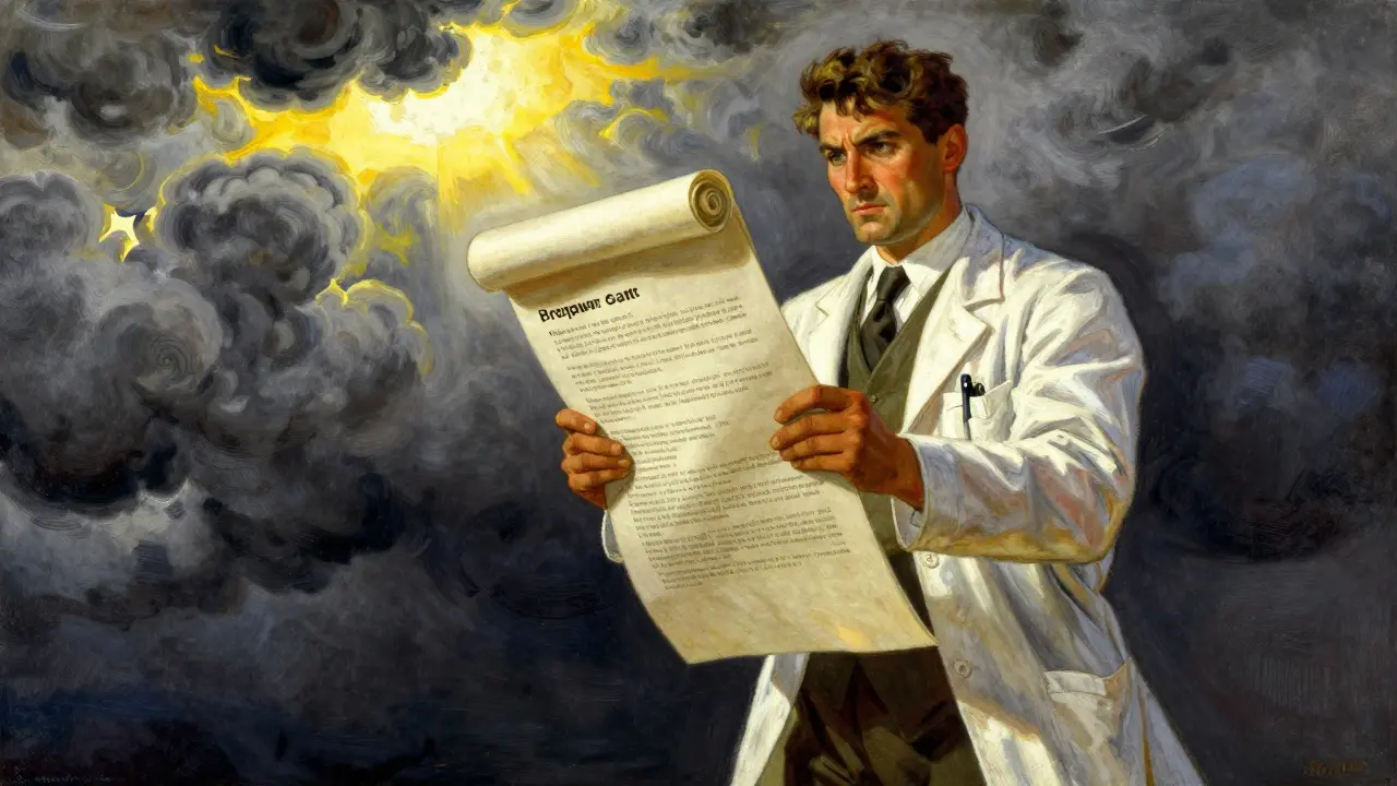 Medical professional holding chart shield against storm clouds