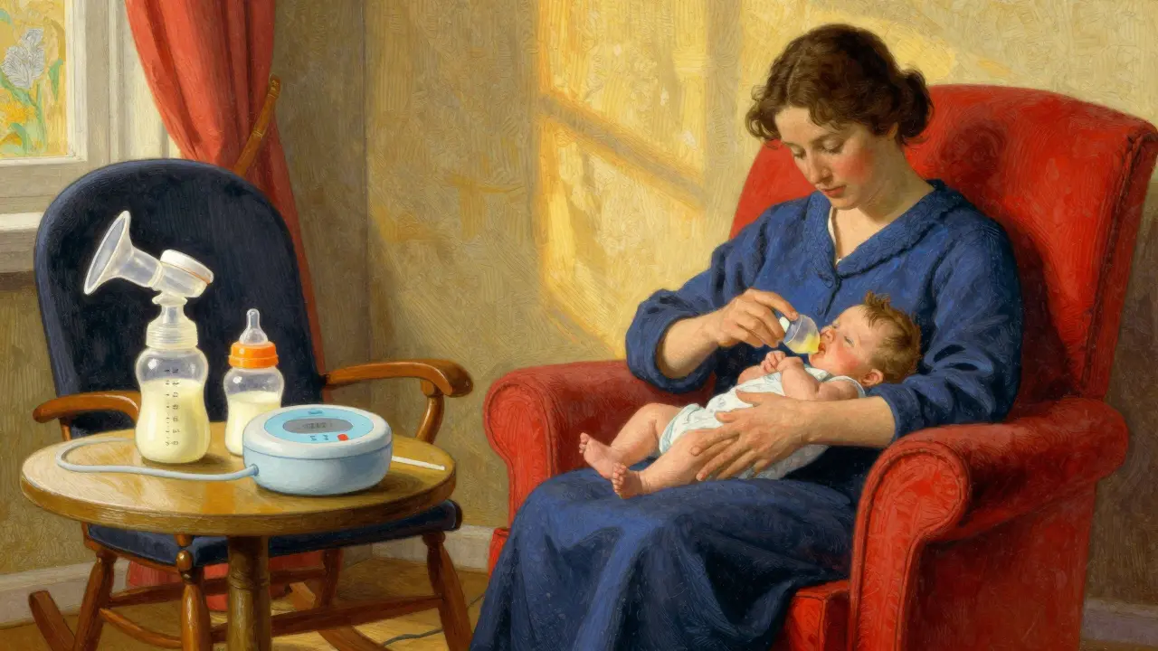 Mom resting after feed with breast pump and bottle on side table.