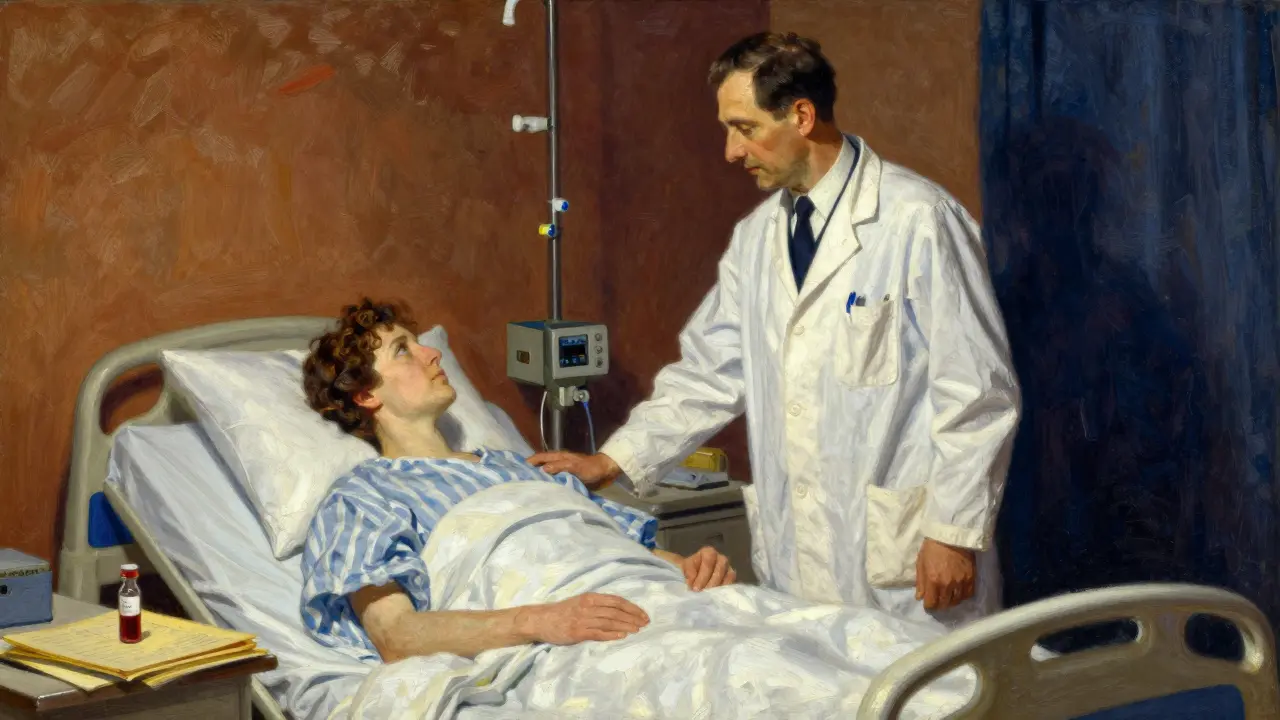 Oncologist standing with patient in hospital recovery ward.