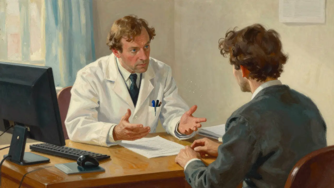 Physician counseling patient about medication risks at desk