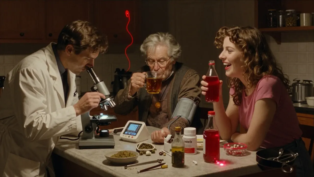 Three people in a kitchen facing hidden risks from common herbal teas and supplements.