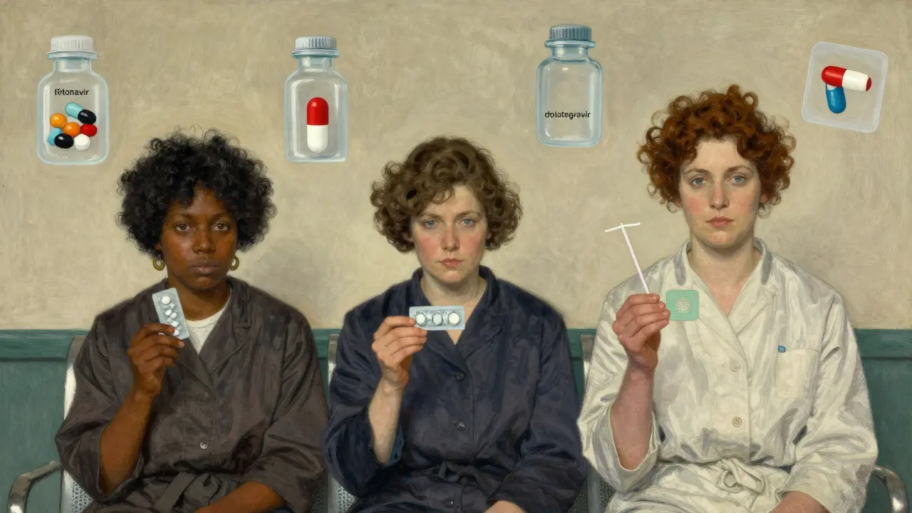 Three women in a clinic hold different contraceptives, while one confidently holds an IUD, with drug icons floating above.