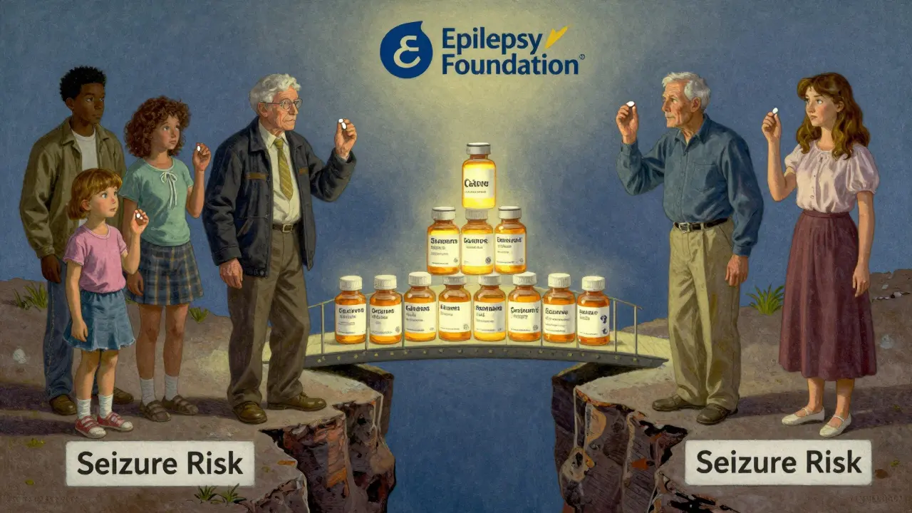 Vulnerable patients stand at risk of a seizure chasm, with a bridge of brand-name pills offering safety.
