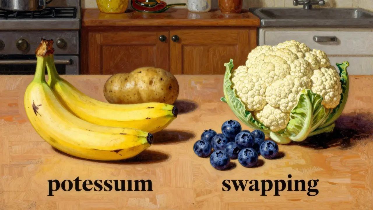A comparison of high-potassium foods like bananas versus kidney-safe alternatives like blueberries.