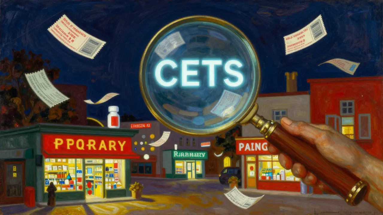 A conceptual scene showing a search for affordable pharmacy prices and coupons.