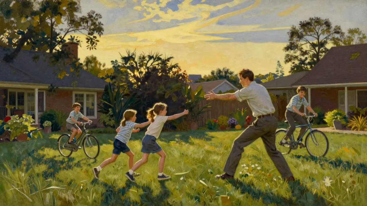 A family playing and riding bikes together in a sunny backyard.