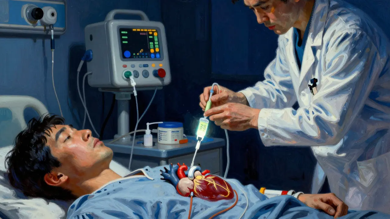 A medical professional administering an IV treatment in a dramatic hospital setting.