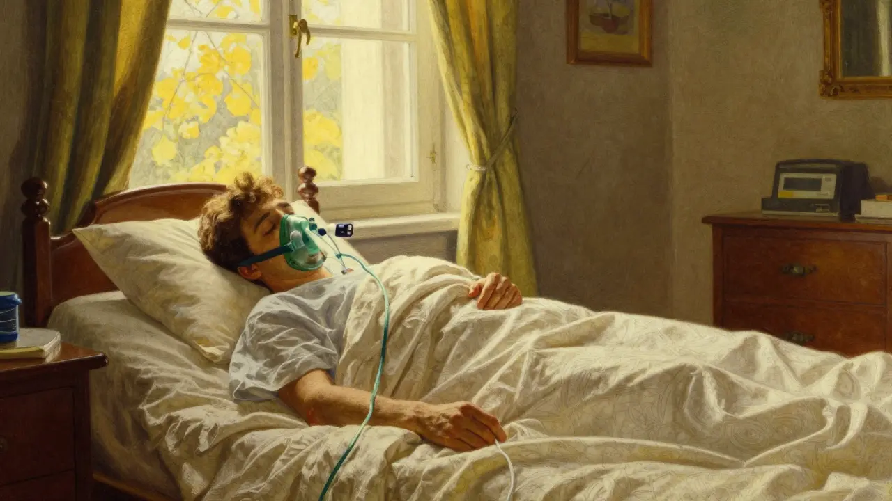 A person sleeping peacefully using a CPAP machine in a bright, sunlit room.