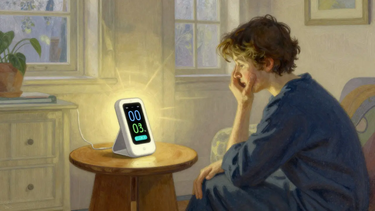 A person using a digital health tool for medication management in a peaceful home.