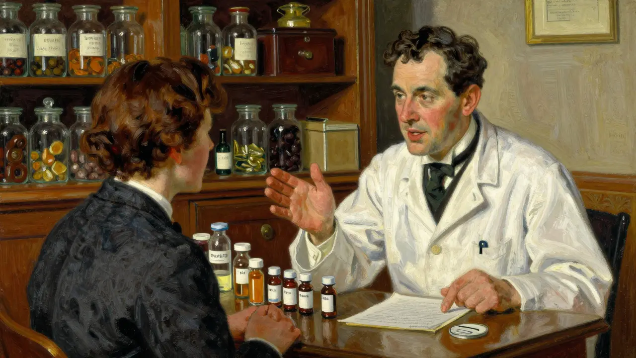 A pharmacist guiding a patient through a medication plan in an old-style pharmacy.