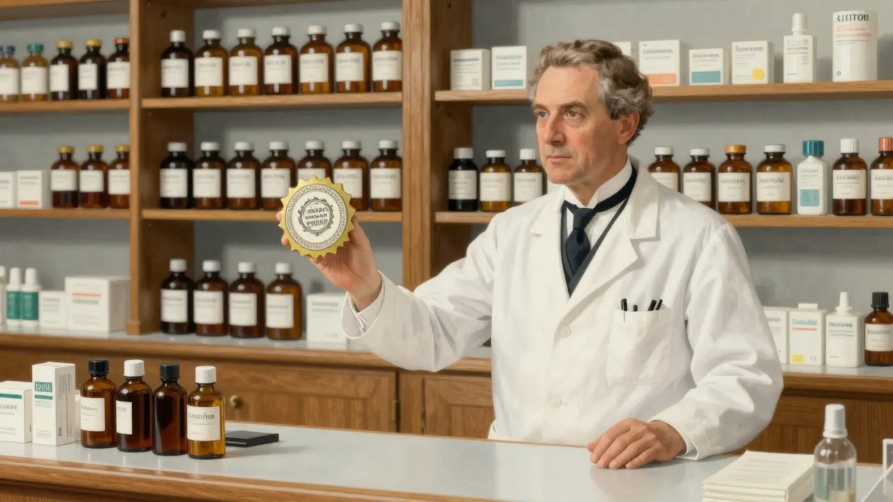 A professional pharmacist standing behind an apothecary counter, symbolizing trust.
