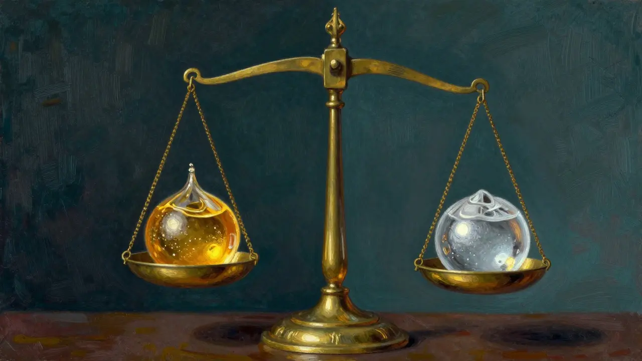 A symbolic brass scale balancing estrogen and progestogen essences.