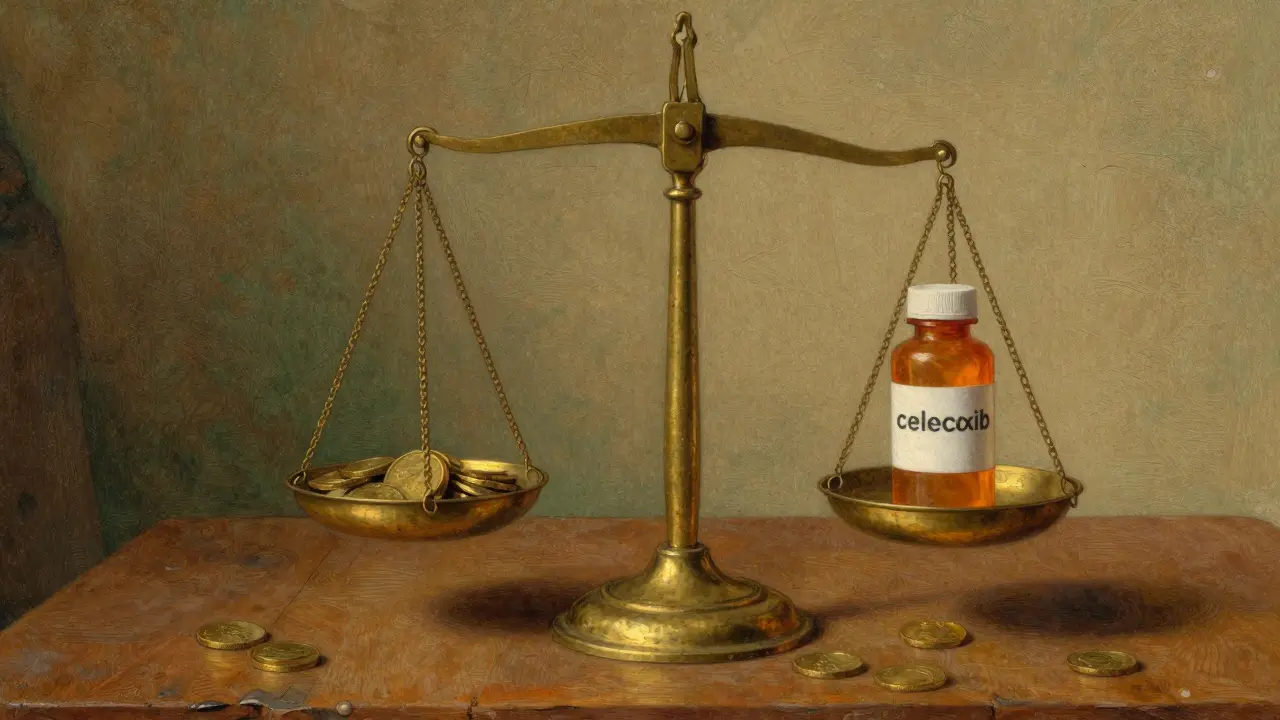 Brass scales balancing gold coins against a generic medication bottle