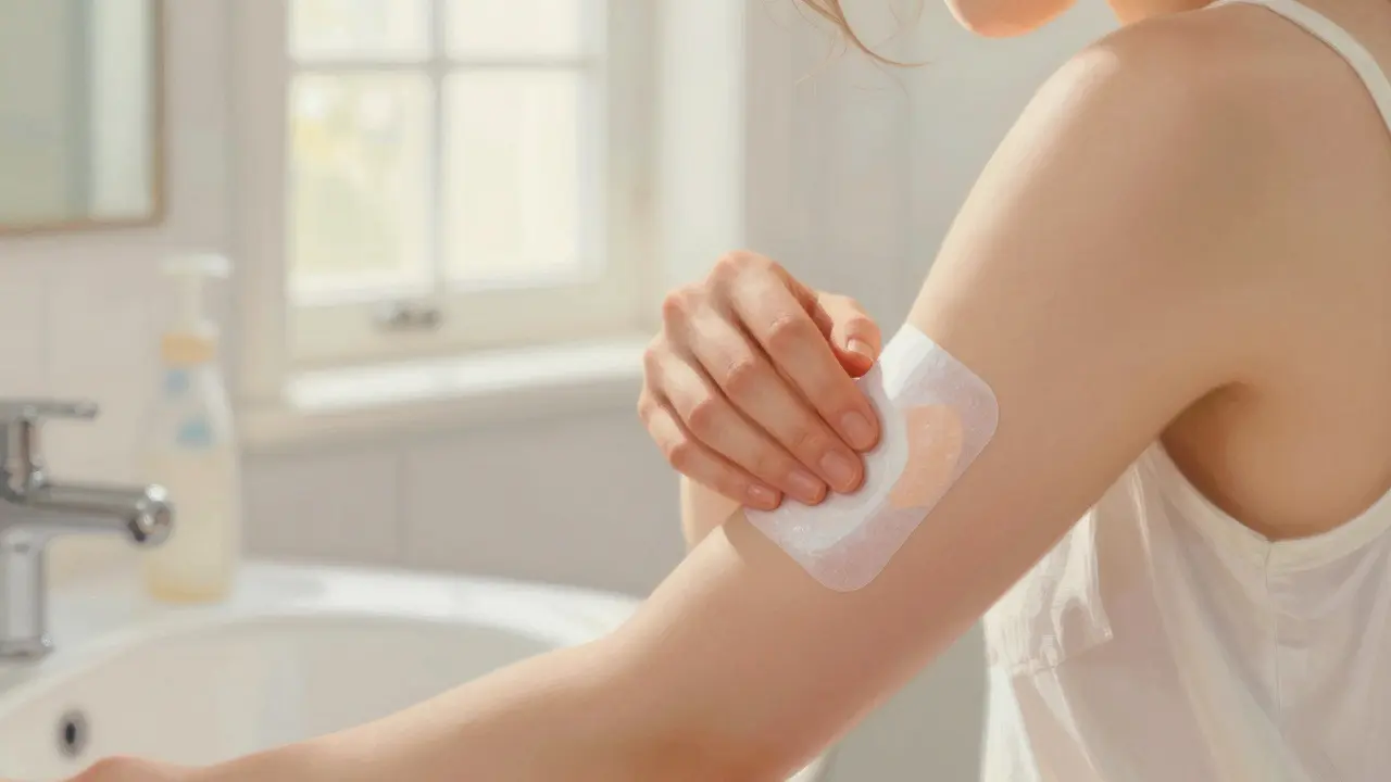 Close-up of a woman applying a transdermal hormone patch to her arm.