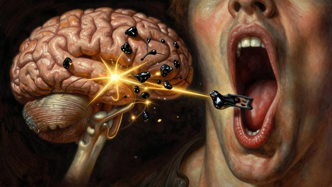 Conceptual art showing a brainstem being suppressed and a narrowing airway.