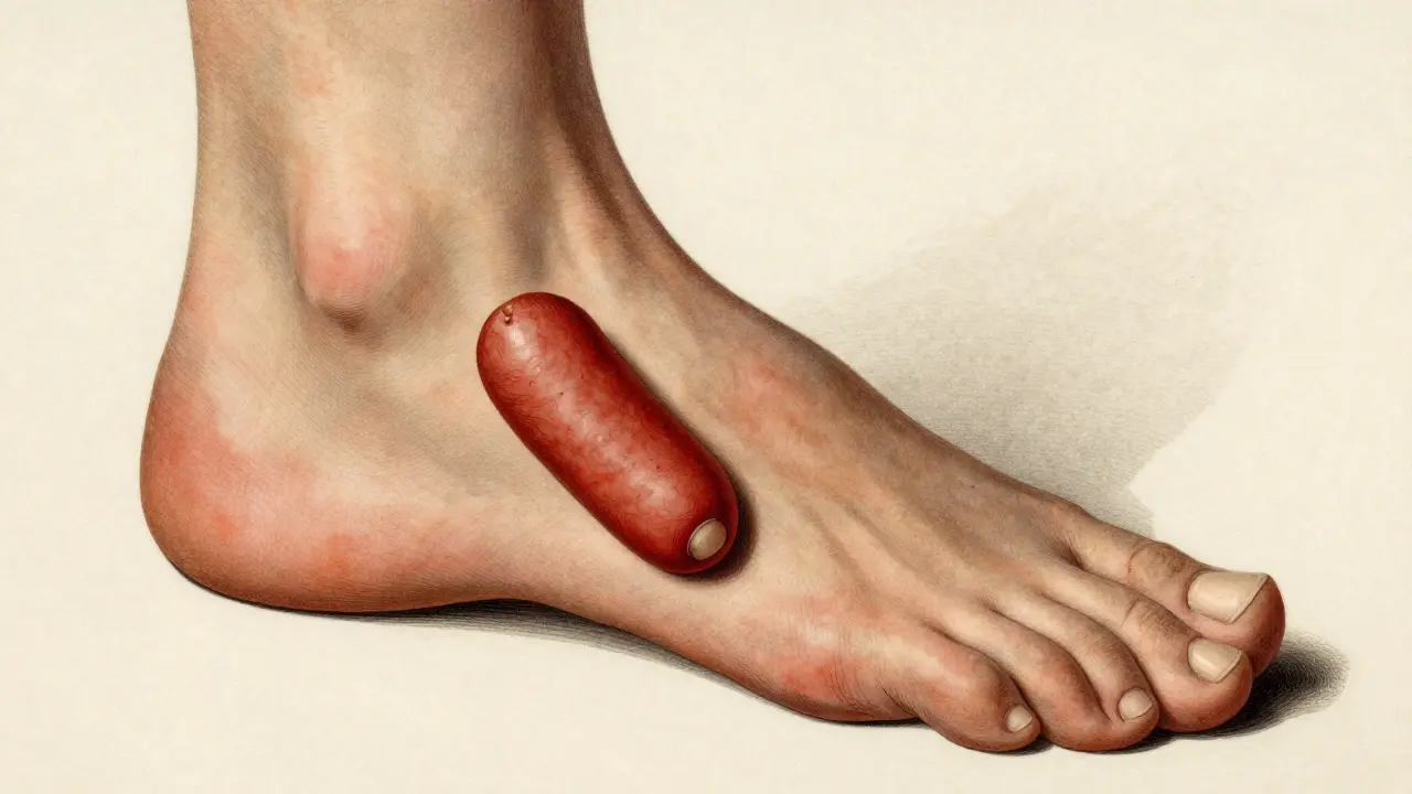 Detailed view of swollen finger and pitted nails showing psoriatic signs