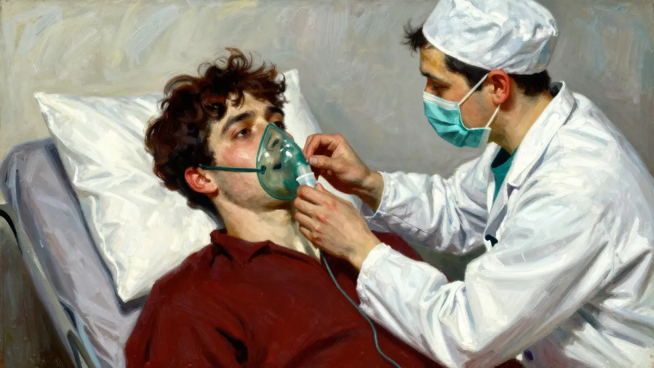 Patient receiving oxygen treatment in a clinical setting, N.C. Wyeth illustration style