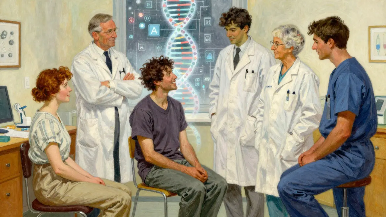 Patient with a medical team and futuristic genetic data overlays