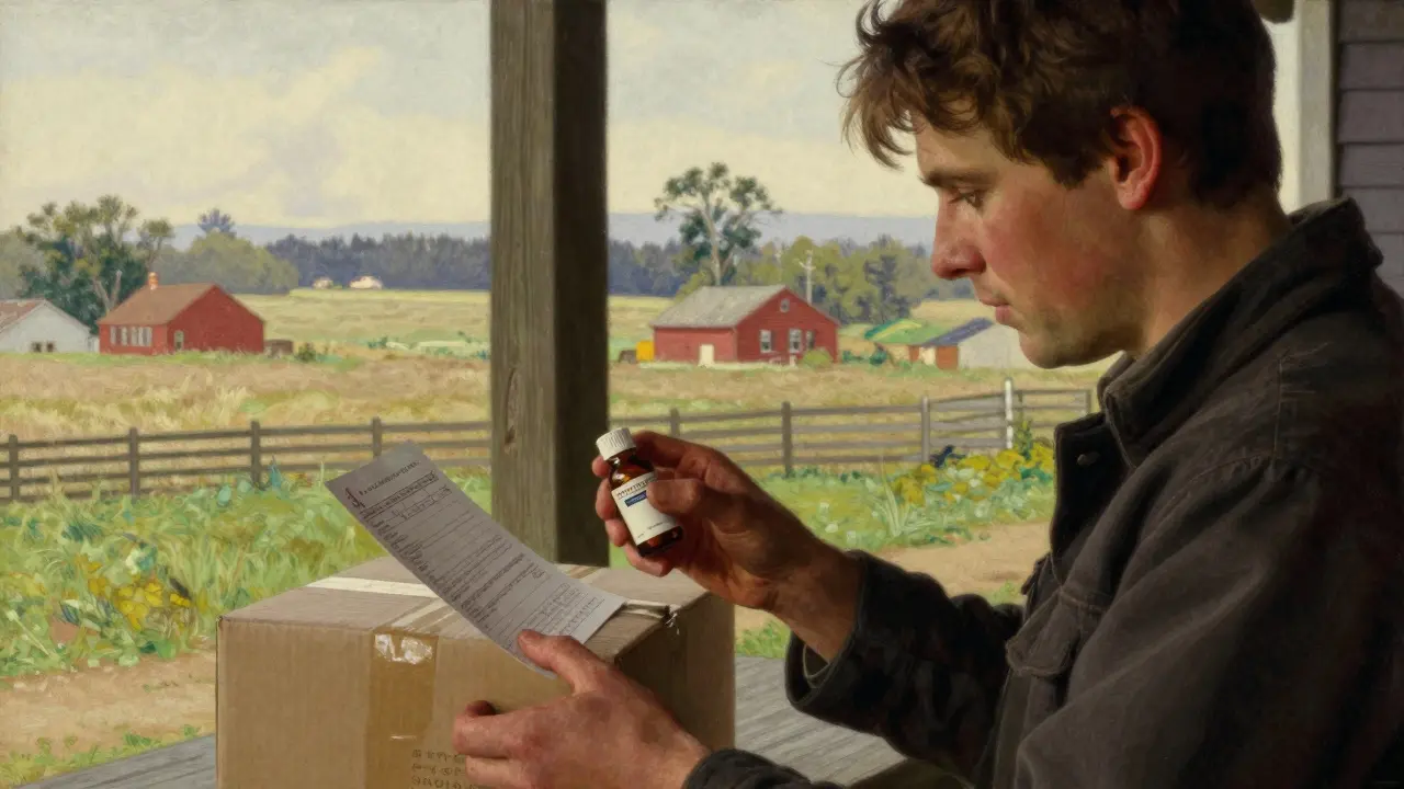 Person carefully verifying a medication bottle and prescription on a porch