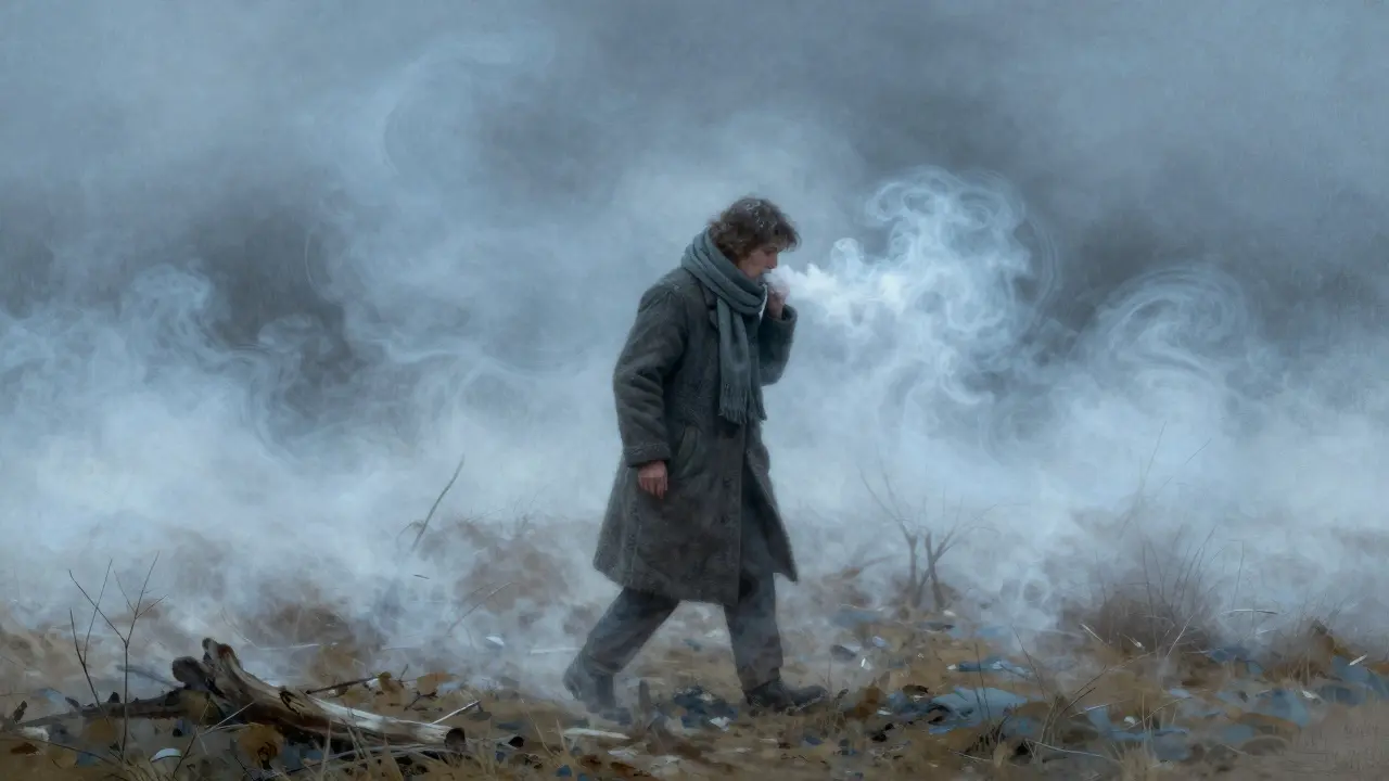 Person walking through cold, smoggy winter air, N.C. Wyeth illustration style