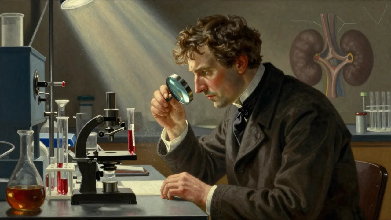 A scientist examining a blood sample under a magnifying glass in a dramatic lab setting.