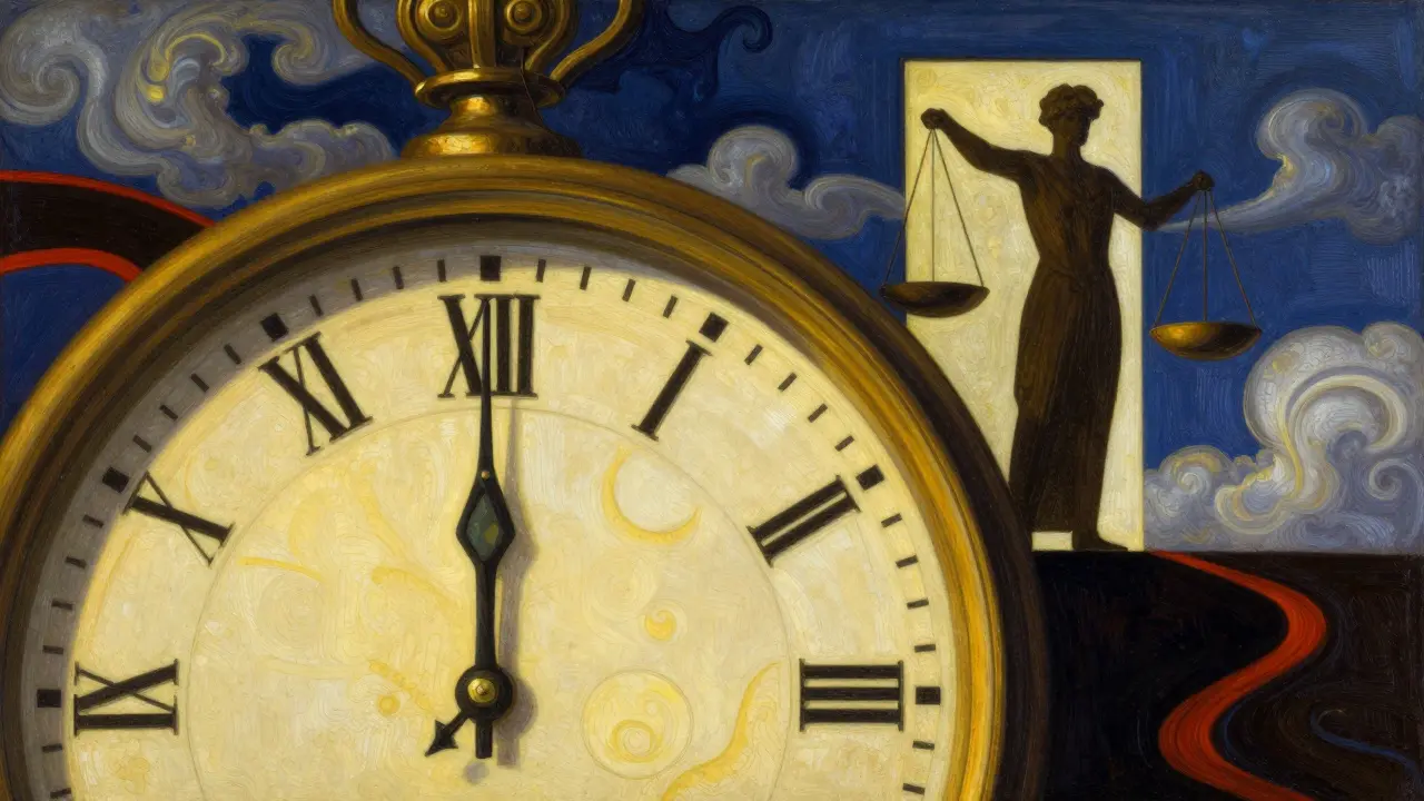 An ornate clock showing specific hours next to a figure balancing scales, symbolizing timing.