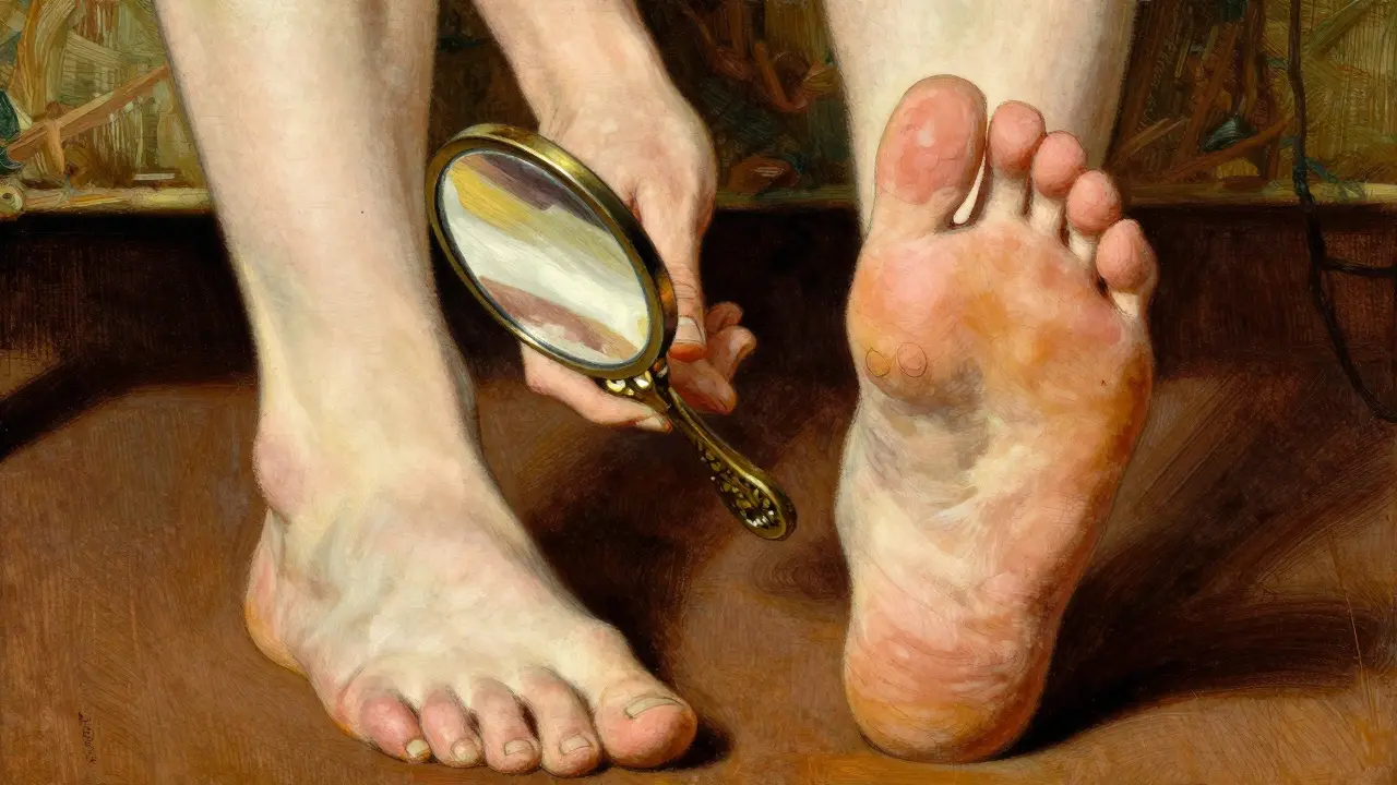 Close-up of someone inspecting the sole of their foot with a hand mirror