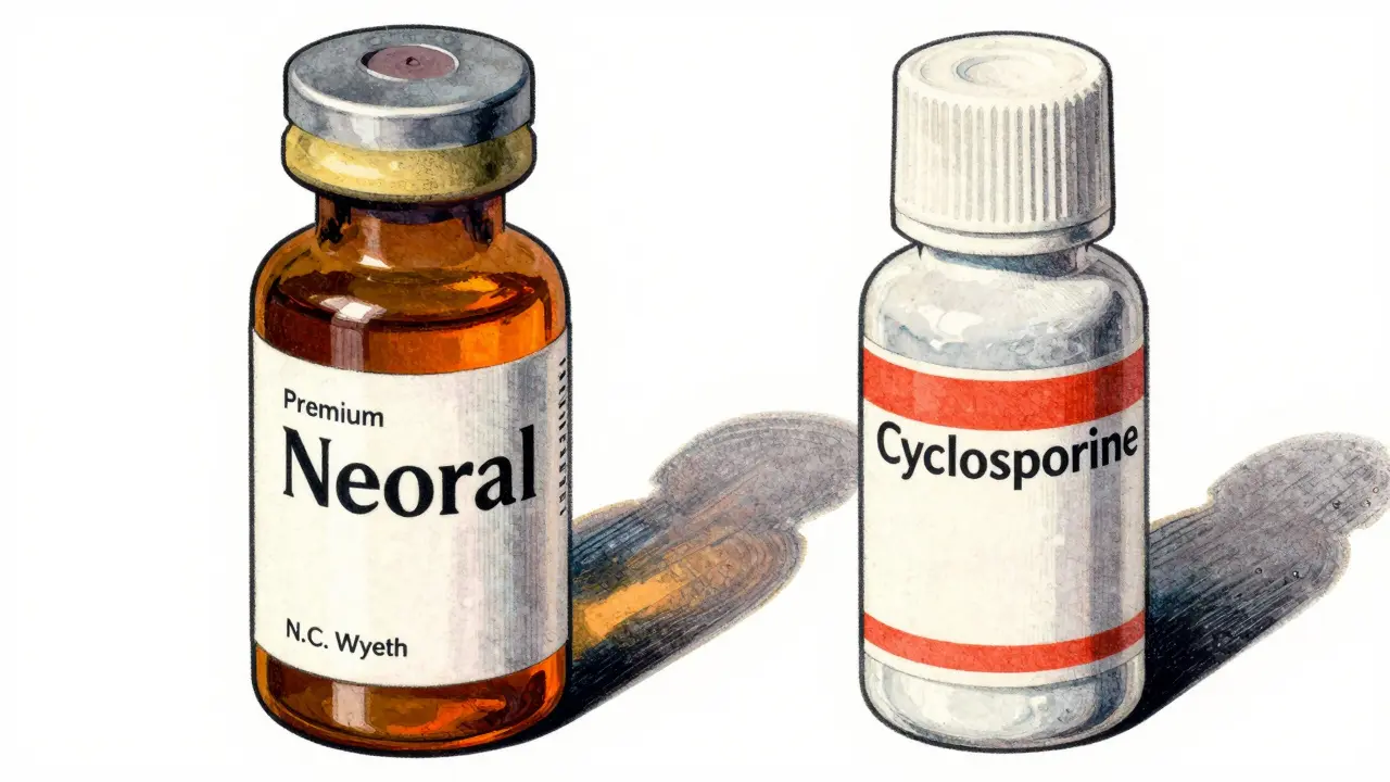 Comparison of brand name and generic cyclosporine medicine bottles.