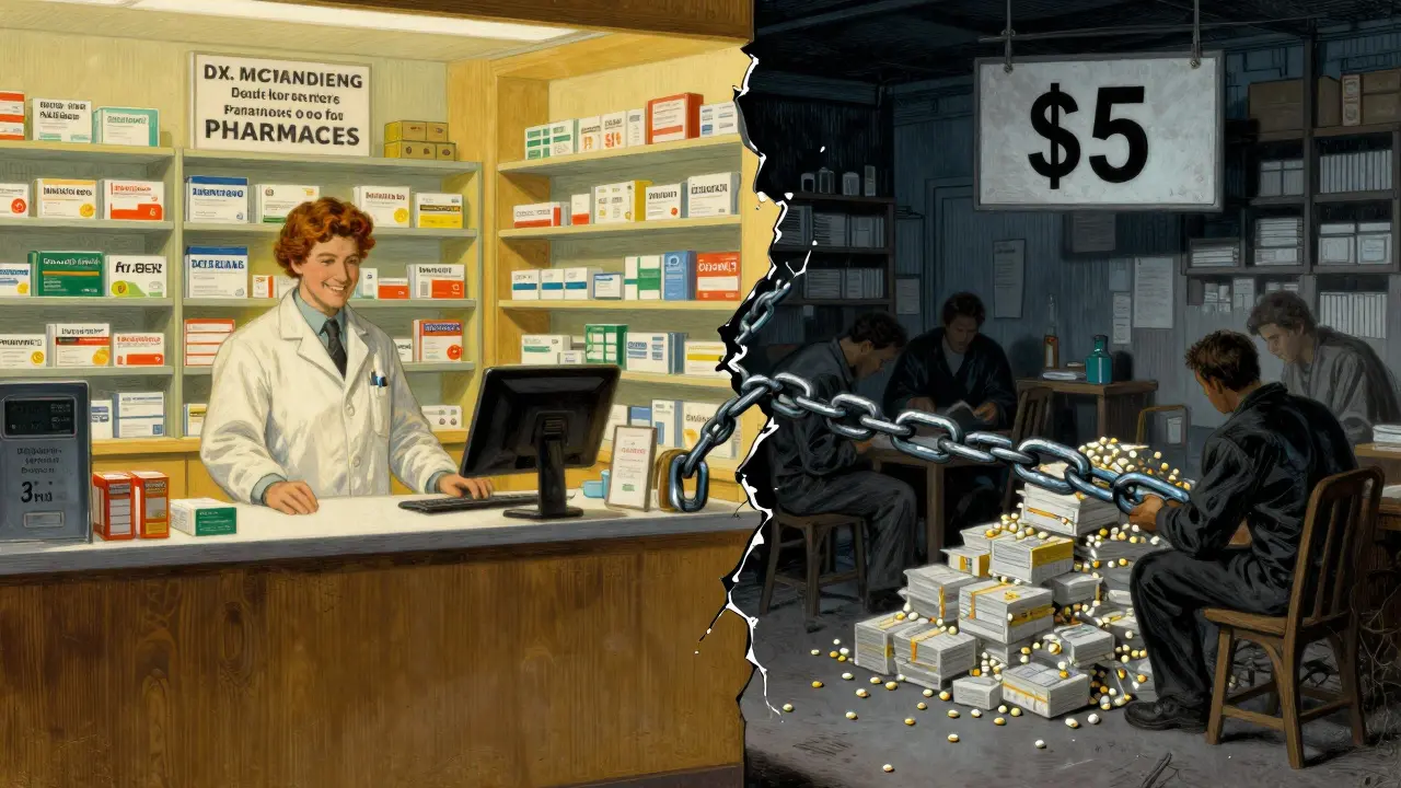 Contrast between safe pharmacy counter and chaotic rogue warehouse