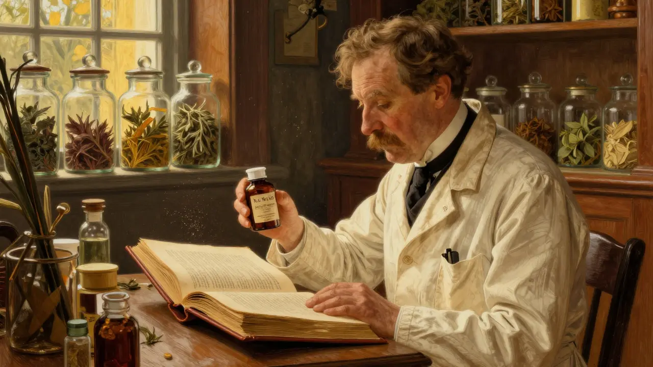Doctor reviewing herbal supplement interactions in a book