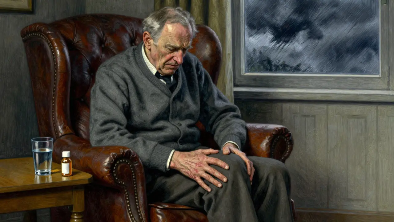 Elderly man holding his leg in pain due to drug interaction in N.C. Wyeth style